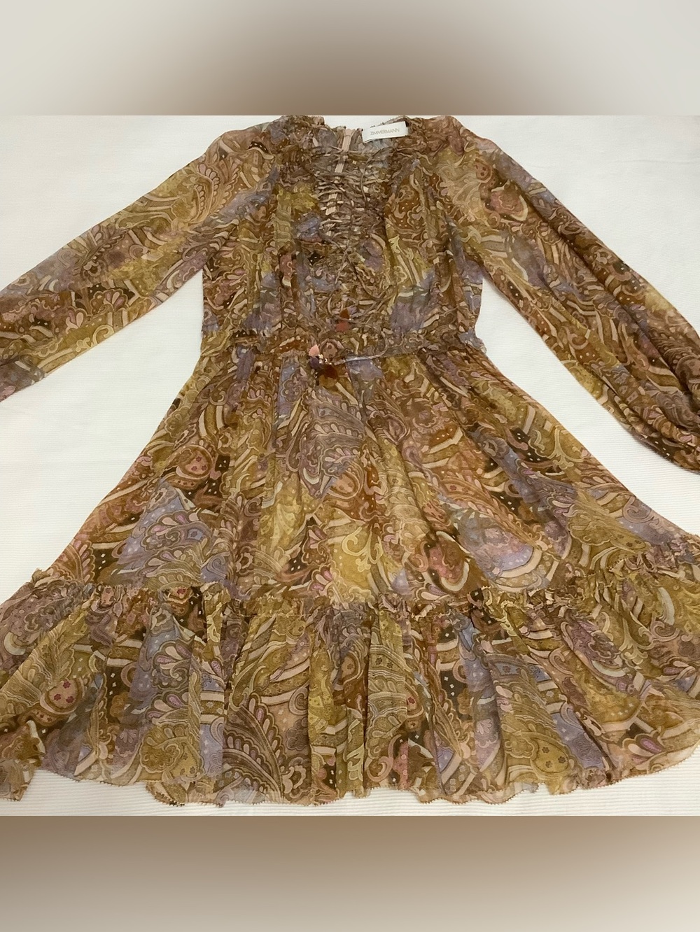 Zimmermann Mustard Paisley Lace-Up Ruffle Mini Dress Size 0 (0254) - Picture 11 of 16